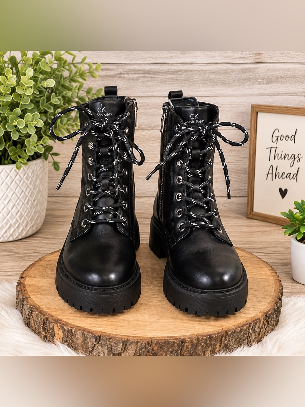 Calvin Klein Sallon Black Combat Boots Size 5.5